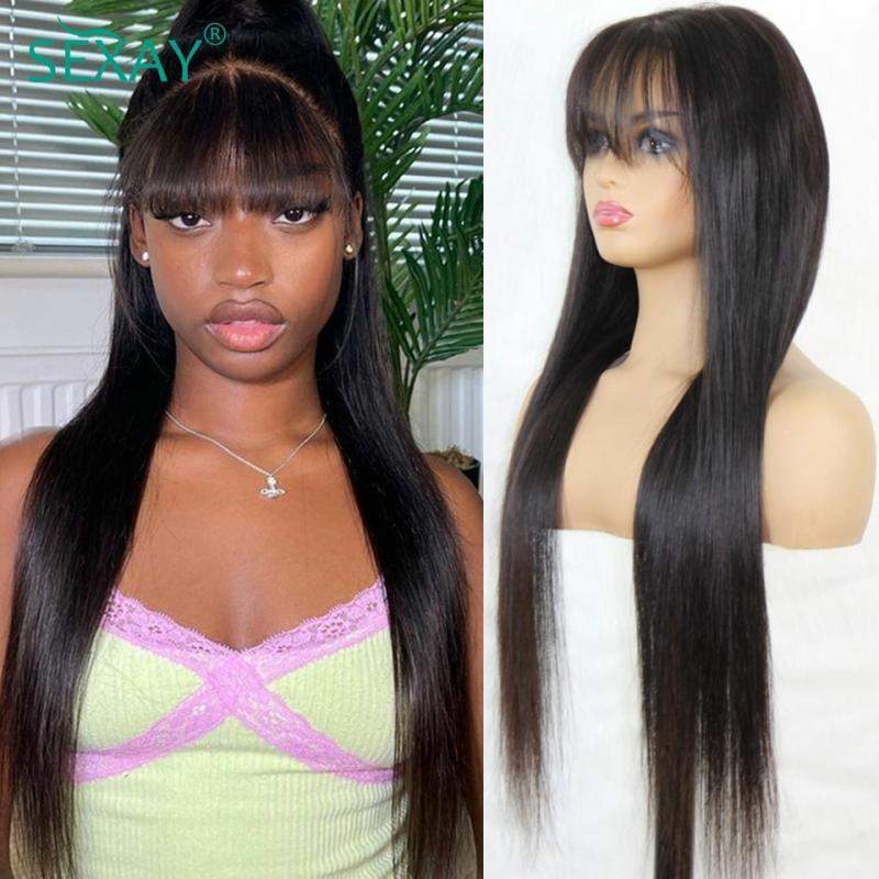 Natural Scalp Lace Front Wig With Bangs 180 Density Sexay Brazilian Straight Human Hair Bang Wigs Pre Plucked Lace Frontal Wigs