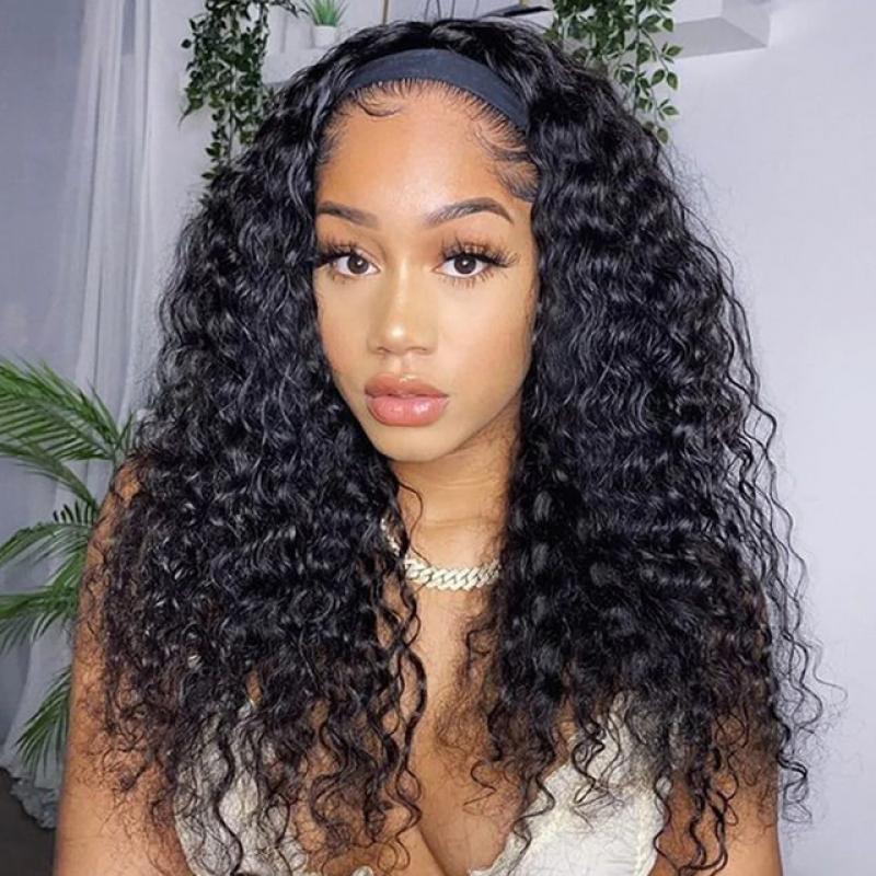 Curly Headband Human Hair Wig For Black Women Full Machine Made Scarf Wigs Glueless Brazilian Remy Human Hair Wigs With Headband