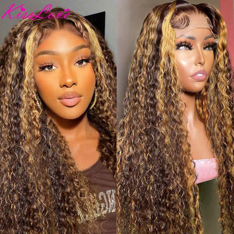 Highlight Ombre Curly Human Hair Wigs HD Transparent 13x4 Lace Front Wig Blond 32 Inch Deep Wave 13x6 Lace Frontal Wig for Women