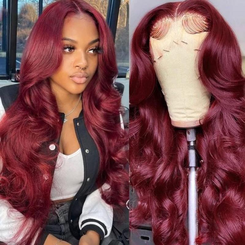 Burgundy Red Synthetic Lace Wigs For Women Red Black Long Body Wave Glueless Pre Plucked Hairline Wig With Baby Hair Cosplay