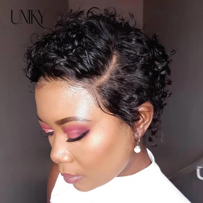 Water Curly Human Hair Wigs Side Part Wig Short Bob Pixie Cut Wig T Part Brazilian Human Hair Deep Curly 13*1 Lace Front Wigs