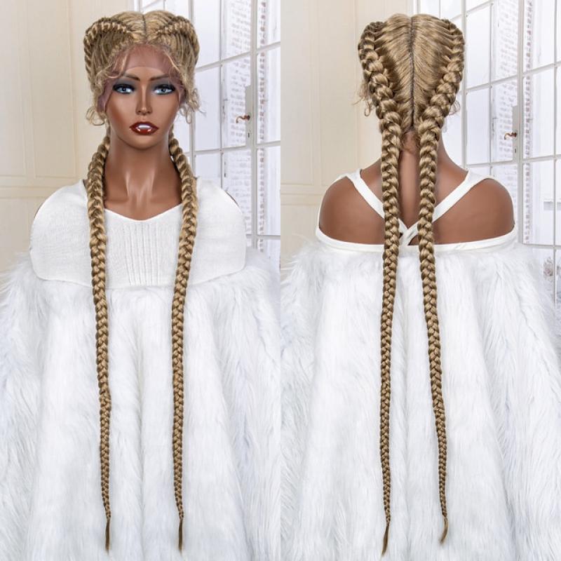 36 Inches Long Lace Front Synthetic Braided Wigs Lace Front Twins Cornrow Braided Wig for Black Women with Baby Hair Middle Part