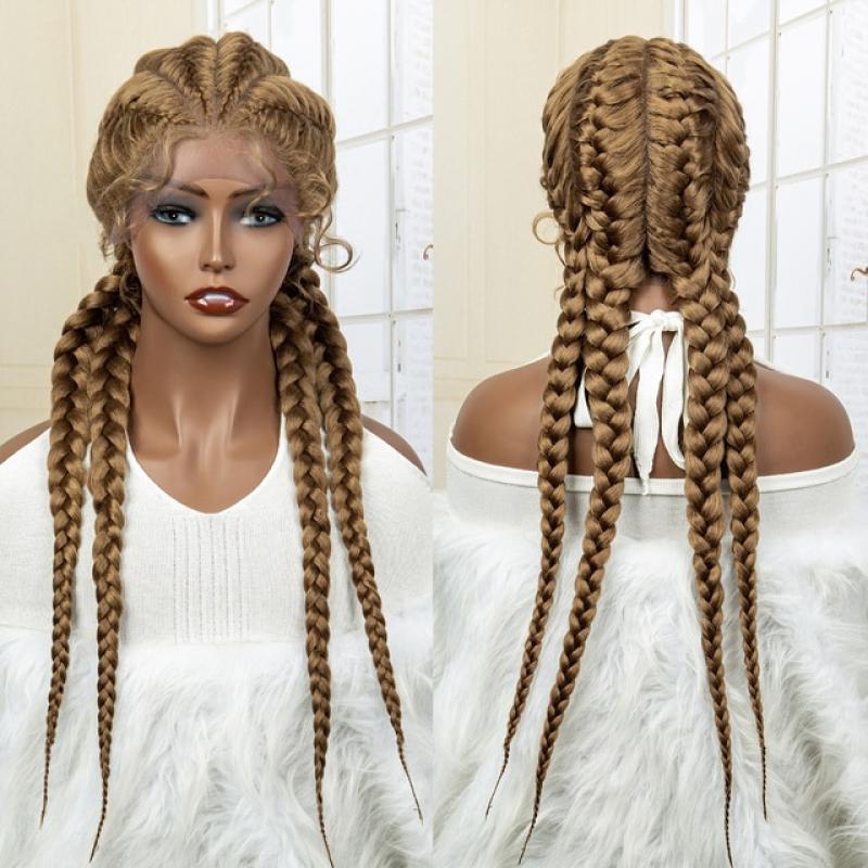 26 Inches Short Box Braids Lace Frontal Wig African Synthetic 4 Braid Wig with Baby Hair for Afro France Women Box Braid Wig
