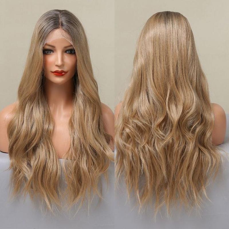 Transparent Lace Synthetic Wigs Long Brown Gold Body Wave Ombre Lace Front Wigs for Black Women Cosplay 13x1 T-Part Closure Wig