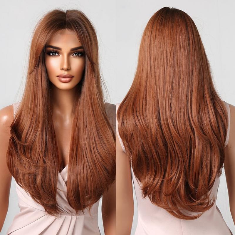 Brown Blonde Lace Front Wigs Long Straight Synthetic Lace Wigs T-Middle Part with Baby Hair Women's Hair Wigs Heat Resistant