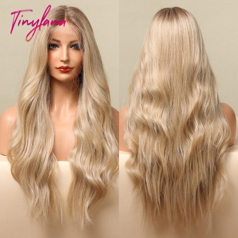 Dark Brown Mixed Golden Lace Front Synthetic Wigs Long Straight Highlight Wig for Black Women Cosplay Transparent Lace Wig