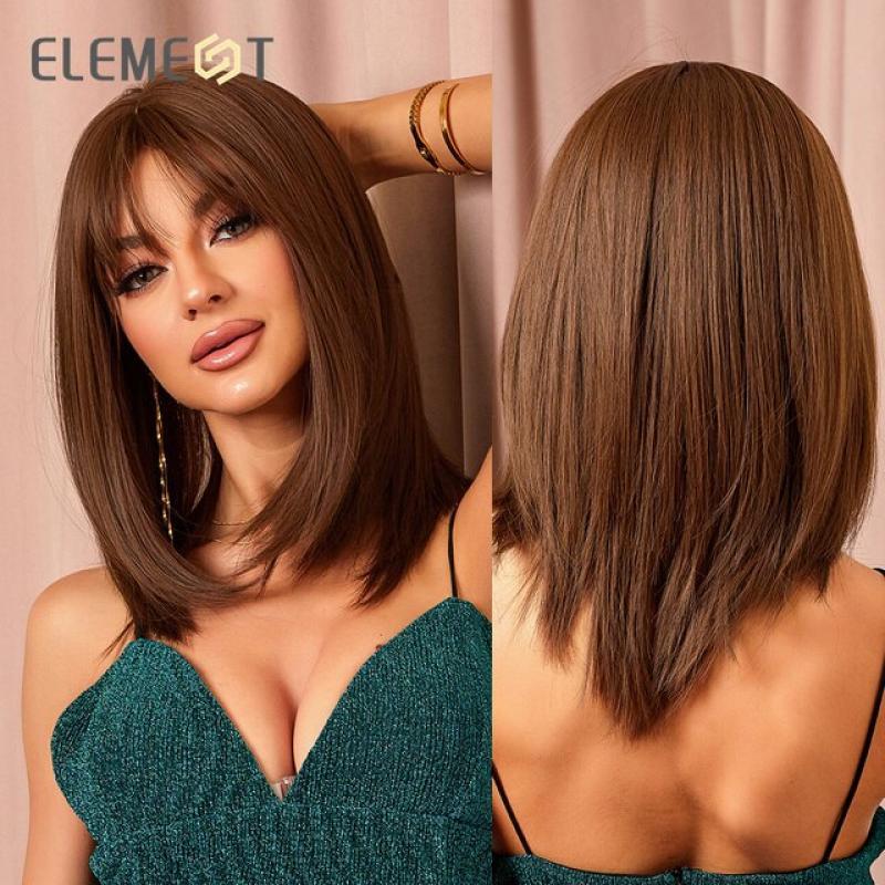 Element Synthetic Wigs Medium Straight Blonde Mixed Brown Bob with Bangs Wig for Women Cosplay Daily Heat Resistant Headband