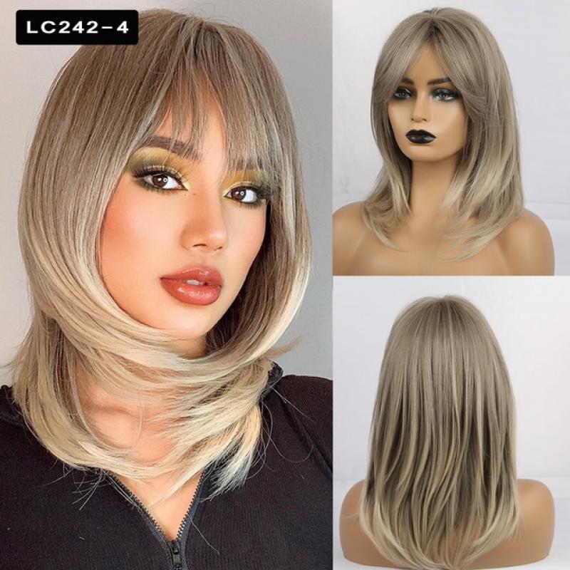 Element Synthetic Fiber Wigs for Women Long Straight Wavy Brown Blonde Wig with Bangs Heat Resistant Fashion Natural Daily Party