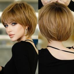 7JHH WIGS Short Bob Wig Ombre Blonde Wig For Women Daily Party Natural Synthetic Hair Wig With Bangs Heat Resistant Fiber