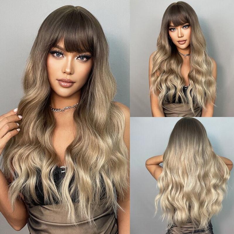 GEMMA Dark Brown Long Curly Synthetic Wig Deep Wave Cosplay Hair Wigs with Wavy Bangs for Women Daily Party Heat Resistant Fibre