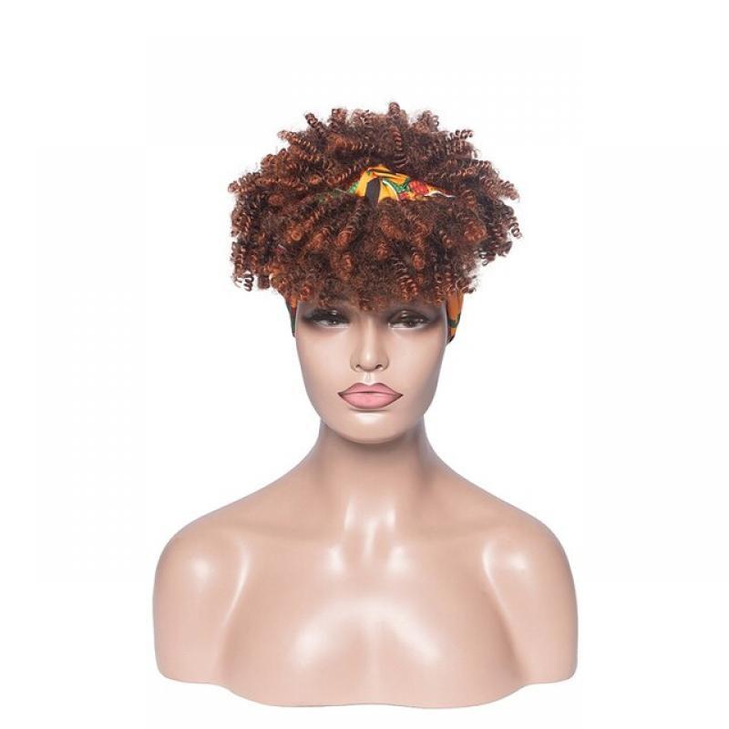 Short Kinky Curly Headband Wigs for Black Women Afro Curls Blonde Wigs with Scarf Natural Curly Cosplay Wig Synthetic False Hair