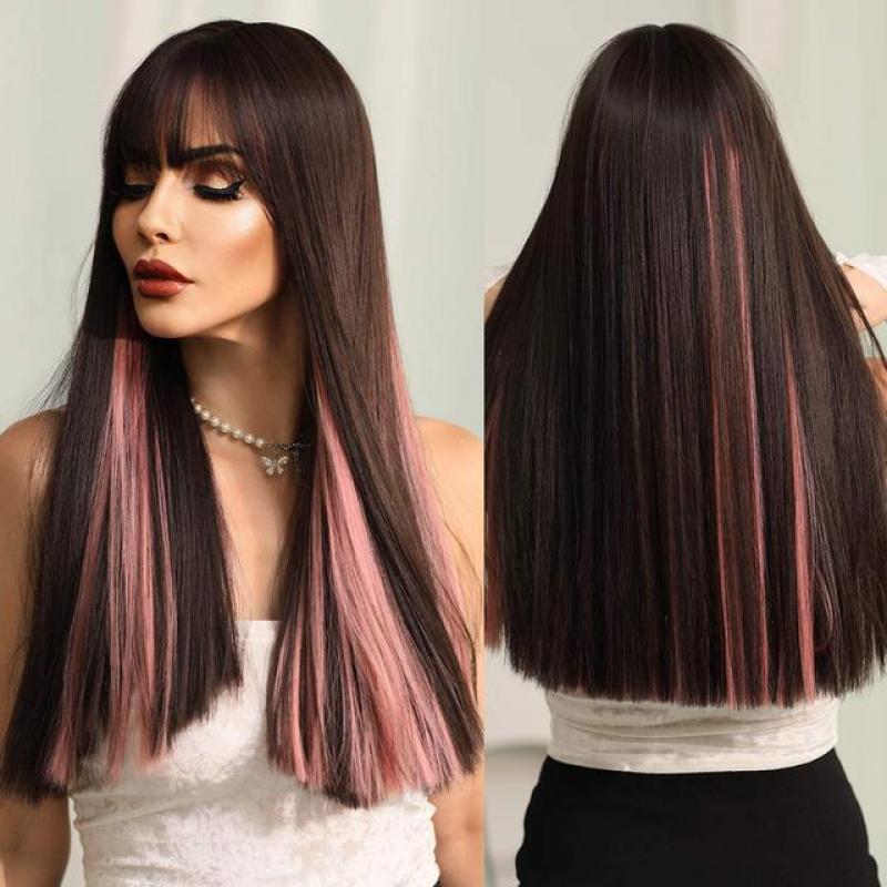 NAMM Natural Long Straight Synthetic Black Wigs with Bangs Heat Resistant Wig for Women Cosplay Lolita Wig for Afro Black Female