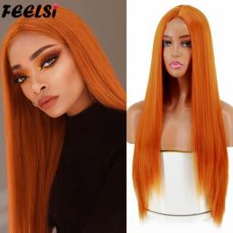 Long Straight Blonde Brown Mid Section Synthetic Wig For Women Everyday Wear Heat Resistant Natural Hair Halloween Cosplay Party