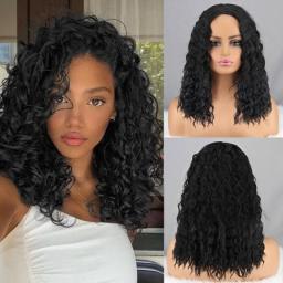 Black Wine Red Blond Split Afro Wig Medium-Length Curly Wig Natural Synthetic Hair For Ladies Party Ladies Bob Wig
