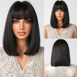 Dark Brown Bob Straight Synthetic Wigs With Full Bangs Black Short Hairs Wig For Women Daily Cosplay Party Heat Resistant Use