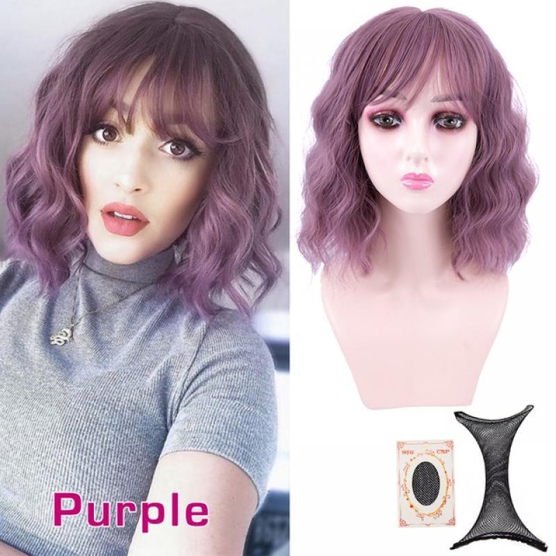 14inch Synthetic Short Bob Wig Body Wave Green Wigs With Bangs Colorful Cosplay Daily Party Wig for Women Natural As Real Hair