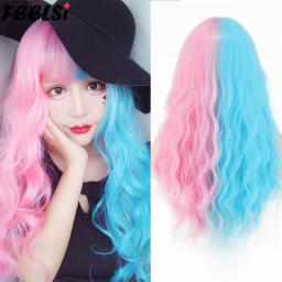 Lolita Half Pink Half Blue Wig For Women Synthetic Wig With Bangs Heat Resistant Cosplay Wigs Halloween Wig