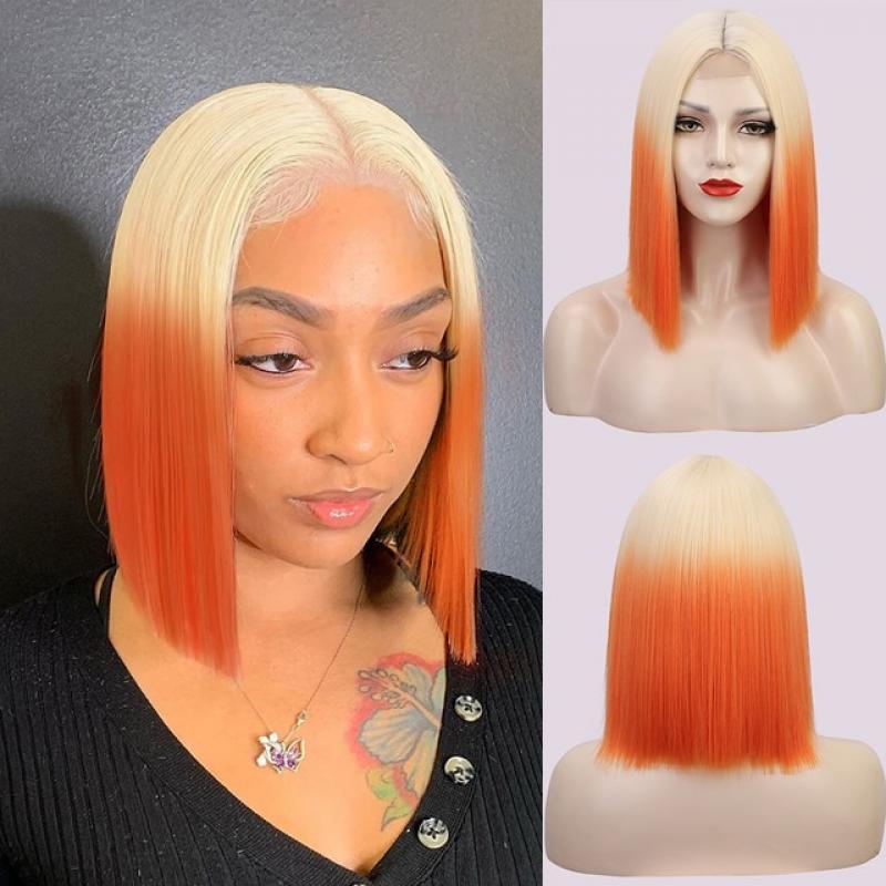 AISI BEAUTY Ombre Yellow Green Wigs for Women Synthetic Short Straight Bob Wigs Middle Part Blonde Orange Black Red Cosplay Wig