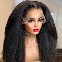 Preplucked Soft Glueless 26 Inch Long 180Percent Density Kinky Straight Lace Front Wig For Women Babyhair Natural Black Daily Cosplay