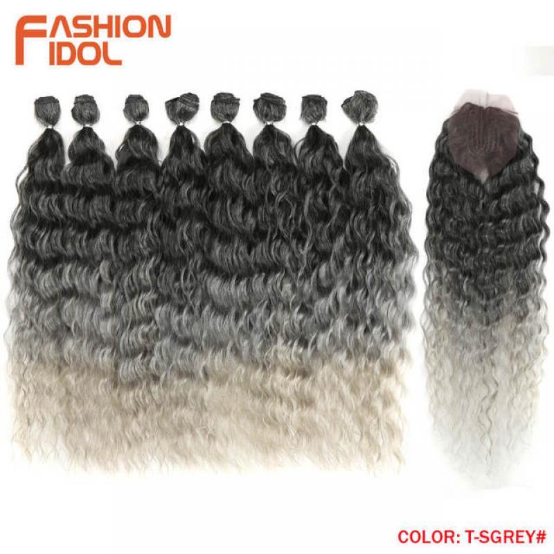Synthetic Hair Extensions Water Wave Hair Bundles With Closure Ombre Blonde Fake Hair 9Pcs/Pack 20 inch High Temperature Fiber