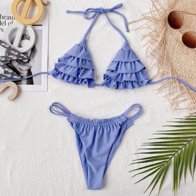 2022 Sexy Bikini Women Solid Swimwear Swimsuit Pleated Ruffle Halter Double Ropes Bikinis Set Bathing Suit Maillot De Bain Femme