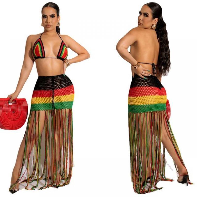 Bodyconclothes Colorful Hand Crochet Two Piece Set Summer Dress Women Knitted Outfits Lace Up Bra Tassel Maxi Skirt Beach Cover