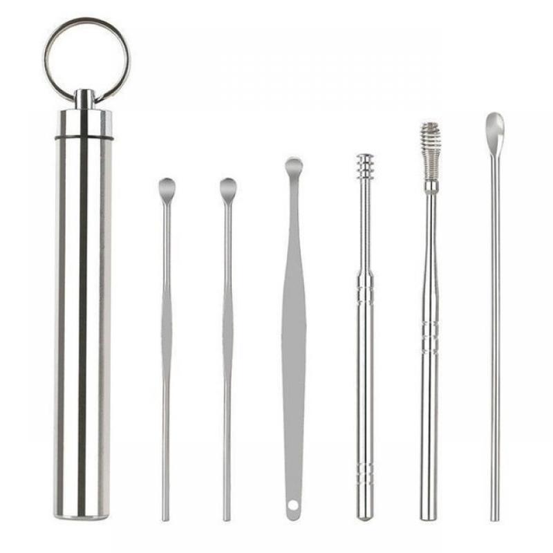 Stainless Steel Ear Spoon Earwax Picking Tool Integrated People Childrens Spiral Barbecue Ear Spoon Ear Cleaner 6 Piece Set