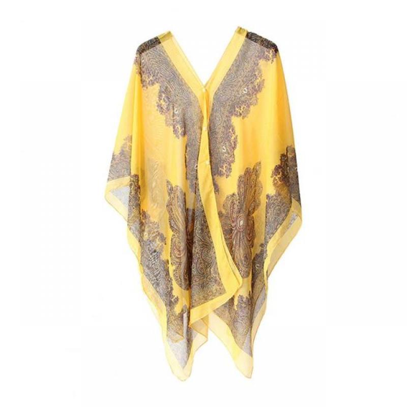 Women Scarf Poncho Cashew Flower Print Multi-function Chiffon Vintage Anti-sun Bikini Cover Up for Beach