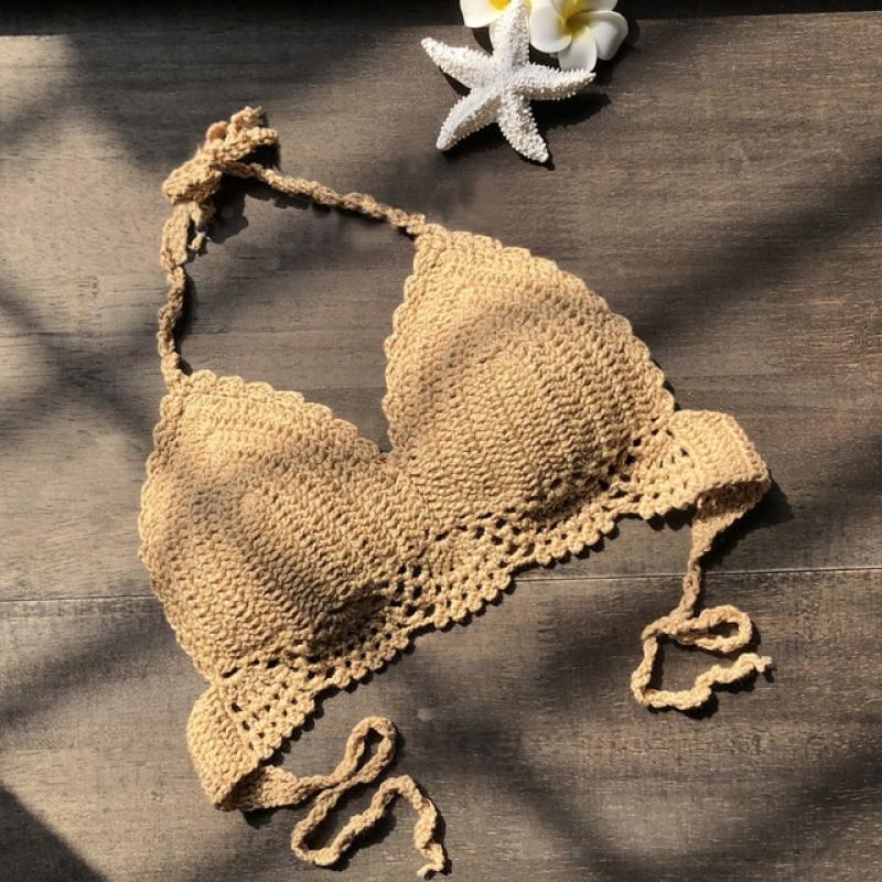 Women Crochet Bikini Crop Tops Sexy Boho Beach Camisoles Halter Tank Top Summer Beachwear Bikini Bra Knitted Cami Swimming Bra