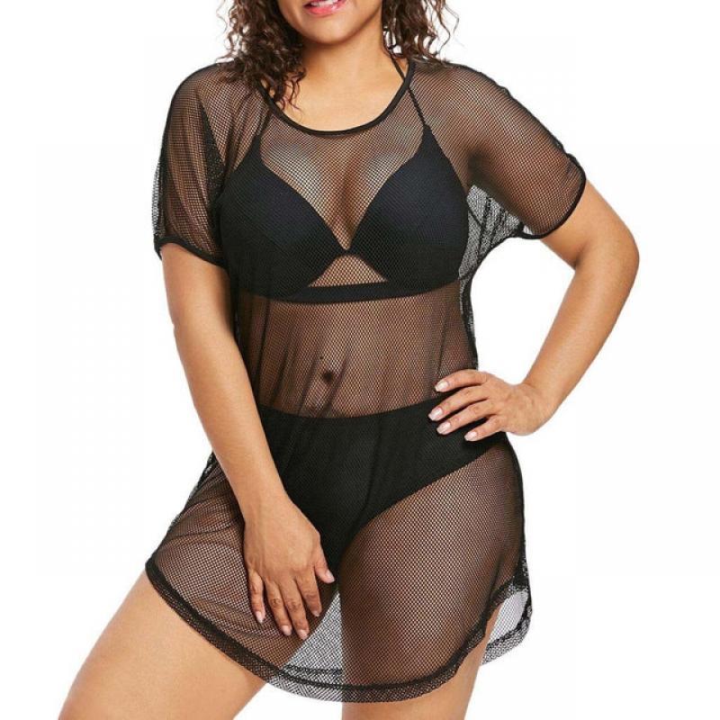 Fashion Mesh Beach Dress Women Bikini Plus Size O-neck Bikini Cover Up Swimwear Bathing Suit Women Bikini Set Swimsuit L5