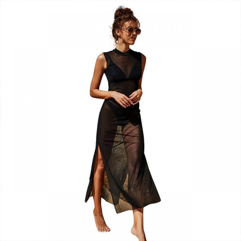 Women Dress Hot Summer Sexy Jumpsuit Mesh Sheer Cover-Up Bodysuit O Neck Black Bikini New Swimsuit Beach Lingerie Cover Up Dress