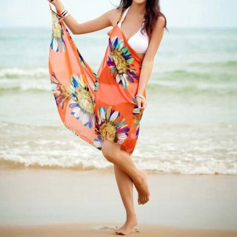 Printed Cover-ups Sexy Beach Dress Women Halter Sling Chiffon Beach Towel Bikini Wrap Pareo Skirts Open-Back Swimwear 2022