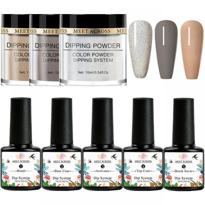 MEET ACROSS 5g/10g Dipping Nail Powder Set Nude Pink Dipping Glitter Powder System Kits Dust Nail Art DIY Decoration Natural Dry