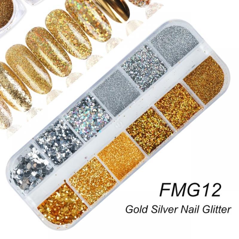 Holographic Nail Glitter Flakes Sequin 12pcs in 1 Rose Gold Silver DIY Butterfly Dipping Powder for Acrylic Nails Tools