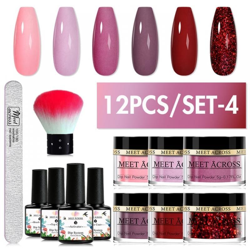 MEET ACROSS Glitter Dipping Nail Powder Set Nude Purple Nail Dipping System Kits For Nail Art Decorations Manicure Natural Dry
