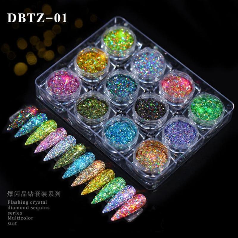 12pcs/set Nail Glitter Powder Dust Iridescent Flakes Sequins Gold Silver Super Shining Paillette Nail Art Manicure Decorations