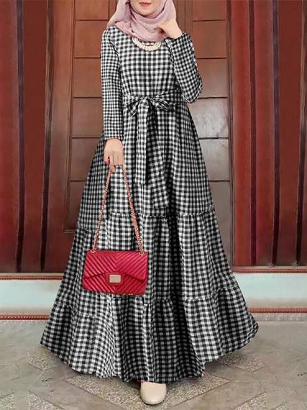 ZANZEA Bohemian Women Muslim Dress Spring Abaya Turkey Grid Print O-Neck Long Sleeve Dresses Elegant Holiday Casual Maxi Robe