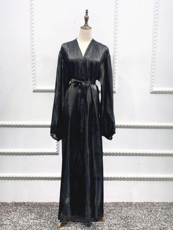 Eid Djellaba Abaya Dubai Shiny Soft Cuff Sleeves Muslim Dress Silky Kimono Dubai Turkey Muslim Dress Islam Abayas With Belt WY56