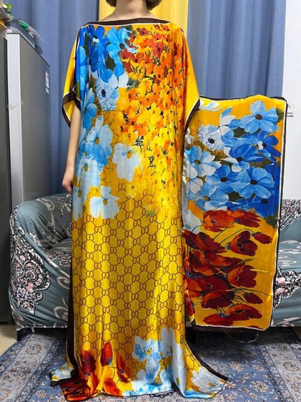 Abayas For Women Dubai Kaftan 2023 African Islam Silk Soft Print Loose Dresses Elegant Muslim Long Femme Robe With Hijab Scarf
