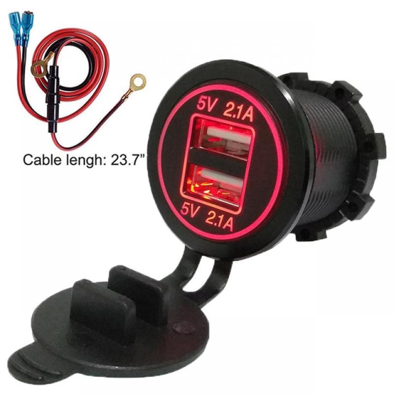 12V 24V Dual USB Charger Socket Power Outlet 2.1A & 2.1A for Car Boat Marine RV Mobile with Wire Fuse DIY Kit Blue Red Green LED