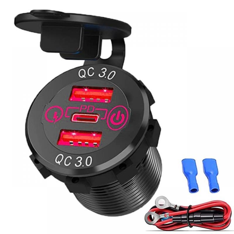 12V 24V Multiple USB Outlet PD 20W USB-C Dual QC3.0 Ports with Power Switch Car USB Port 12V Socket for Car RV Boat Marine Truck