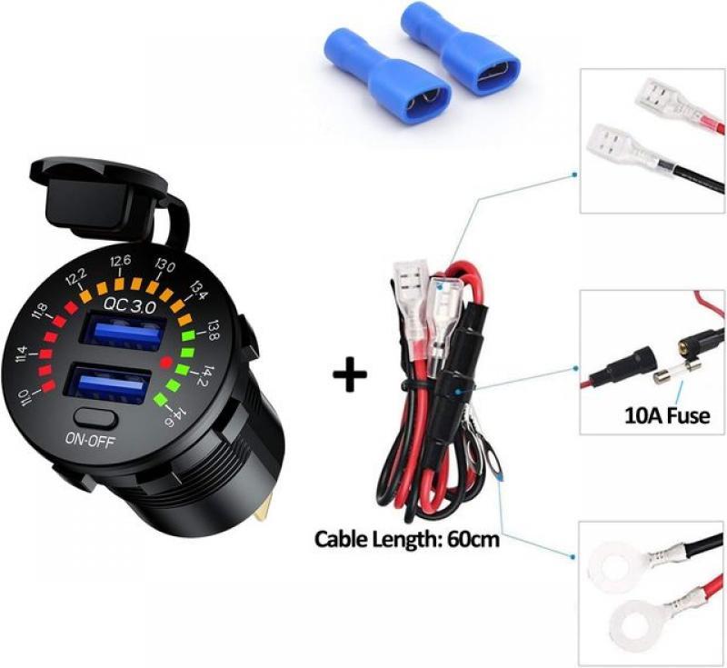 Dual QC3.0 Port USB Car Charger Adapter 12V 24V 36W 3A Fast Charge Car Phone Charger with Voltmeter Switch For Car RV Motorcycle