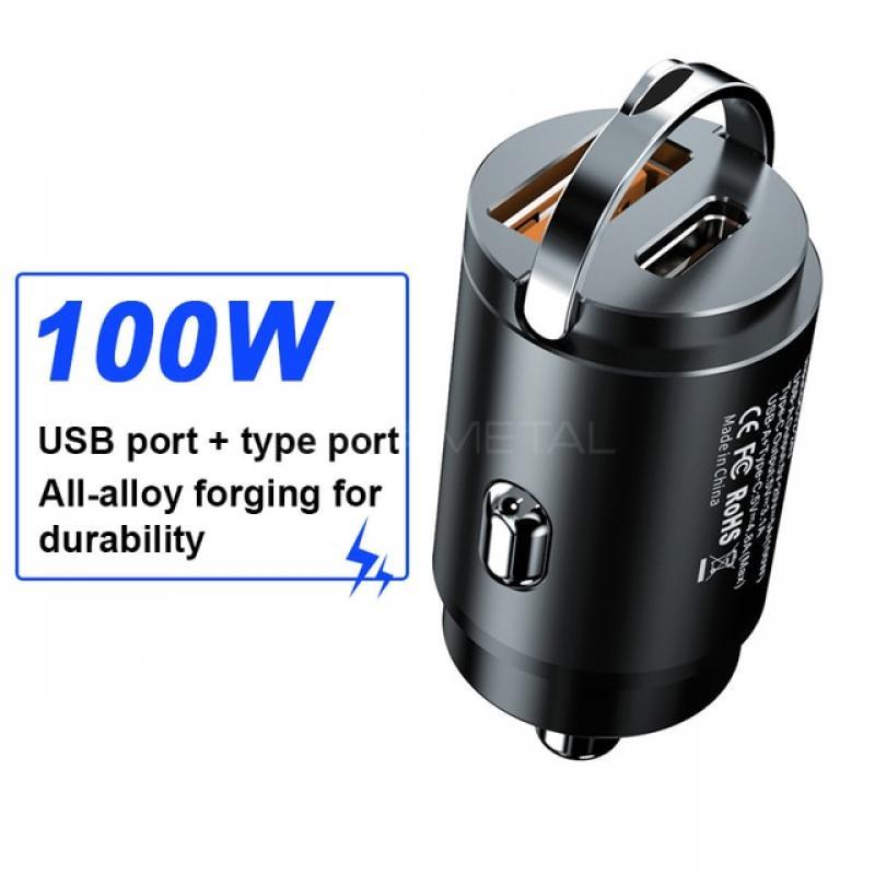 SEAMETAL 100W Car USB Charger Super Charge USB-A USB-C Cigarette Lighter Adapter Hidden Phone Charger for iPhone Huawei Samsung