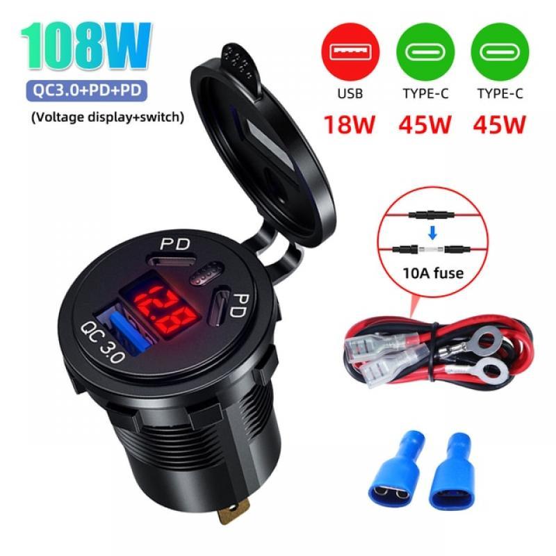 108W 3 Ports Car Charger Socket Dual 45W PD Type C & 18W QC 3.0 with Voltmeter Quick Charge 3.0 USB Charger for Motorcycle