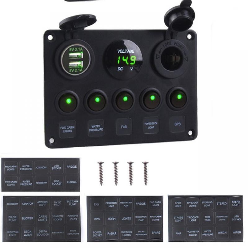 Digital Voltmeter Dual USB Port 12V Outlet Combination Waterproof for Car Marine Ship LED Toggle Rocker Switch Panel