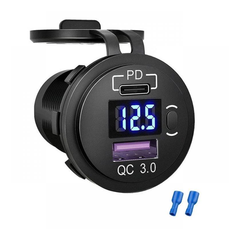Car USB Charger QC3.0 PD Type C USB with Switch Socket for 12V/24V Vehicles Boat Motorcycle SUV Bus Truck Caravan Marine