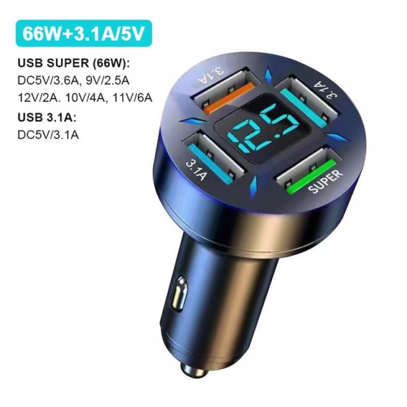 66W Car Charger Quick Charge Cigarette Lighter Adapter 4-Port USB A+USB C Fast Charging Phone Charger for iPhone Xiaomi Samsung