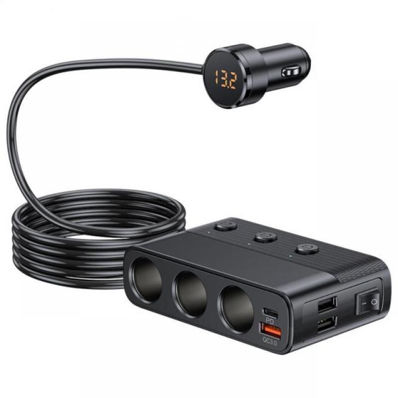 154W Multi-function Car Charger Adapter PD 3 Socket Cigarette Lighter Splitter Charge Independent Switches DC Cigarette Outlet
