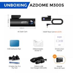 AZDOME M300S Car Recorders 4K+1080P Rear Camera (Free 64G TF) 800MP Lens GPS Wifi Car DVR Voice Control  Dash Cam Night Vision