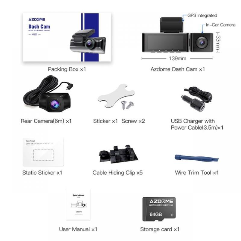 AZDOME M550 3 Channel Dash Cam, Front Inside Rear Three Way Car Dash Camera, 4K+1080P Dual Channel With GPS WiFi IR Night Vision